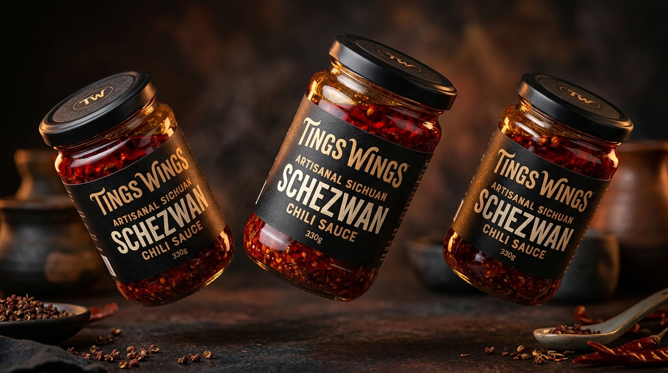 Tings Wings 3 Artisanal Schezwan Sauce Jars Floating